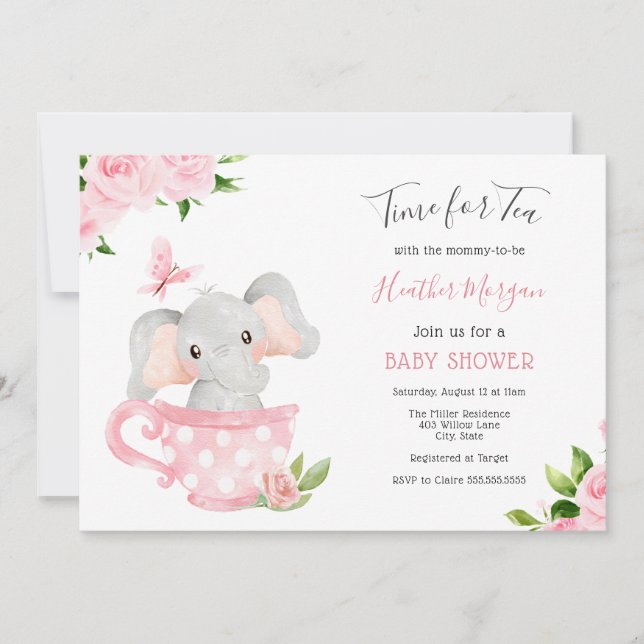 Dags för Tea Elephant Baby Shower-inbjudan Inbjudningar (Framsida)