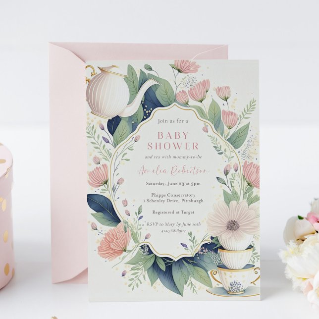 Dags för Tea Rosa Blommigt Baby Shower Inbjudningar (Skapare uppladdad)