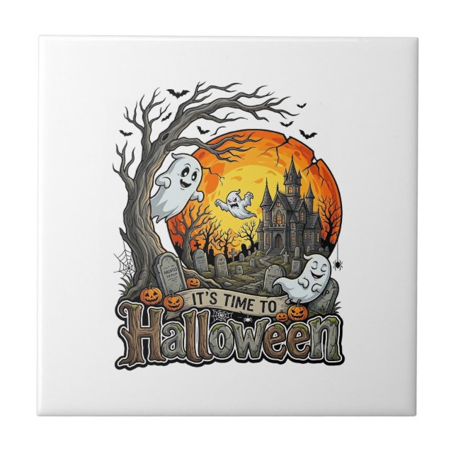 Dags Halloween Spökhus Kyrkogård Kuslig  Kakelplatta (Framsidan)