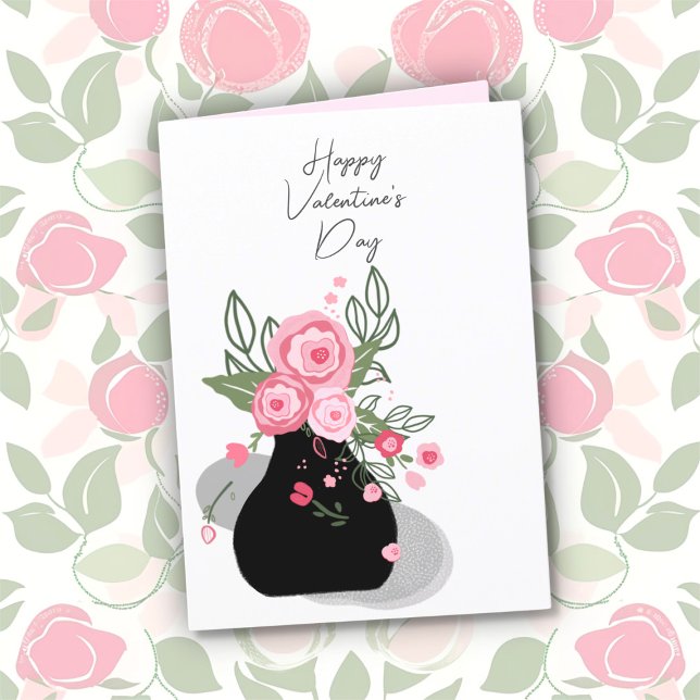 Dagskort för Rosa Blommigt Valentine Helgkort (Cute pink flowers in a black pot "Happy Valentine's Day" card)