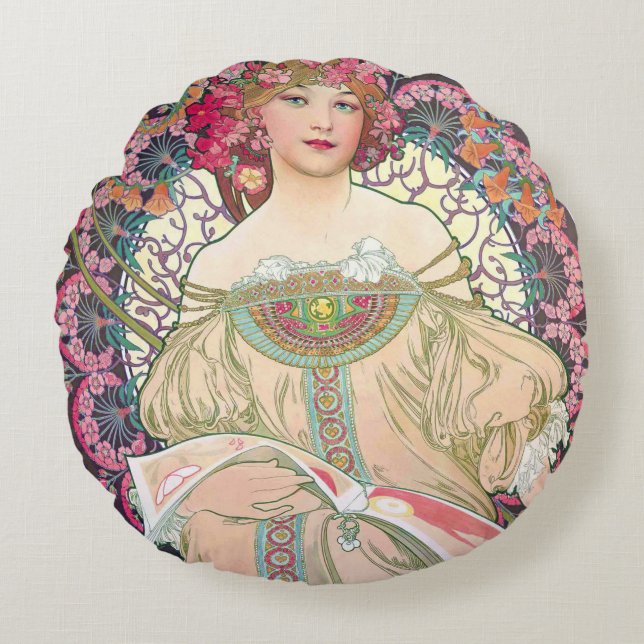 Dagsvermeri (Vår), Alphonse Mucha Kuddcover Rund Kudde (Framsidan)
