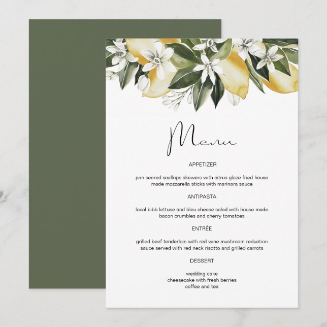 DAHLIA Akvarell Citron Citrusfrukt Blommig Meny (Fram/baksida)