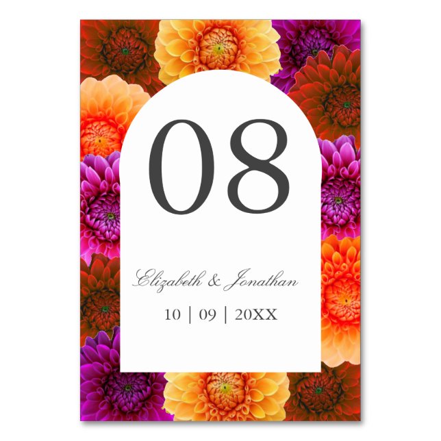 Dahlia Autumn Blommigt Bröllop Bordsnummer (Framsidan)