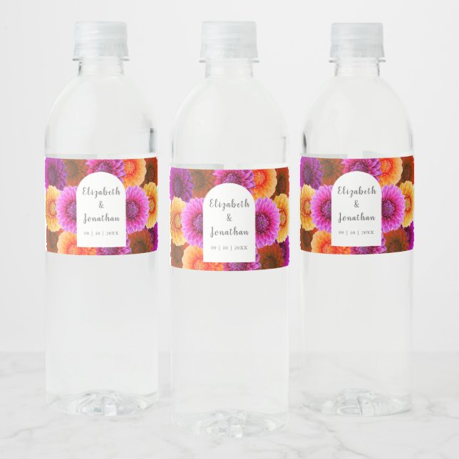 Dahlia Autumn Blommigt Bröllop Vattenflaskor Etikett (Flaskor)
