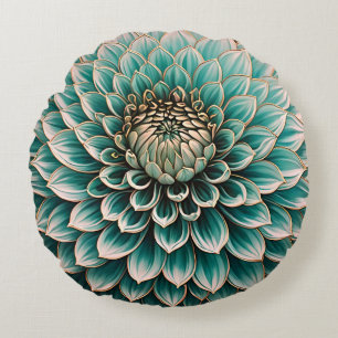 Dahlia-blomma i teal Aqua Blå Digital konst Rund Kudde