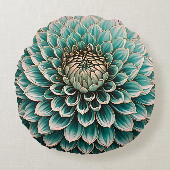 Dahlia-blomma i teal Aqua Blå Digital konst Rund Kudde (Framsidan)