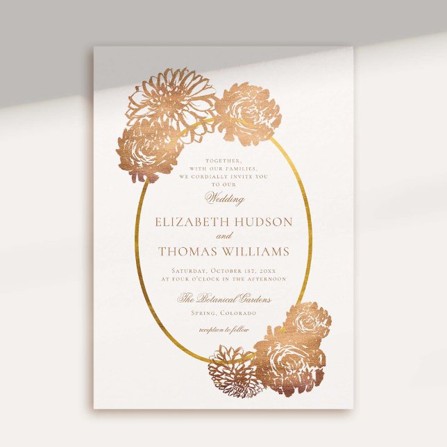 Dahlia Blommigt Art Sketch Copper Guld Fall Weddin Inbjudningar (elegant fall wedding invitation dahlia faux gold gilded copper floral frame art sketch modern)