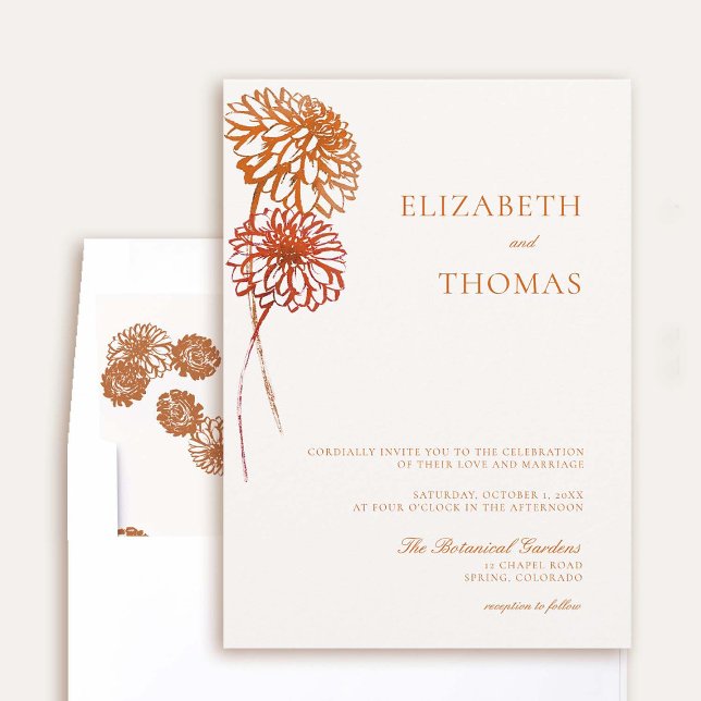 Dahlia Blommigt Art Sketch Earth Modern Fall bröll Inbjudningar (elegant fall wedding invitation dahlia earth bright terracotta burnt orange floral sketch modern)