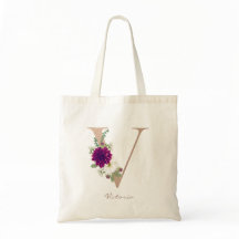 Dahlia blommigt bouquet ro guld monogram brev V