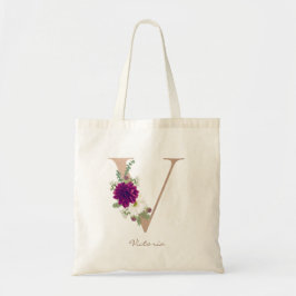 Dahlia blommigt bouquet ro guld monogram brev V Tygkasse