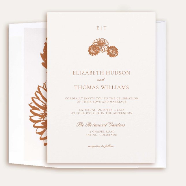 Dahlia Blommigt Sketch Monogram Formal Fall Weddin Inbjudningar (elegant fall wedding invitation dahlia earth terracotta burnt orange floral sketch formal modern)