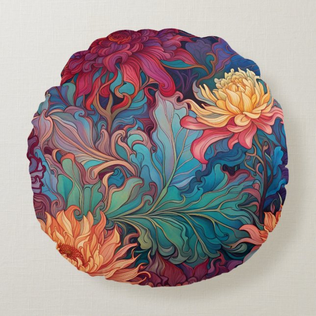 Dahlia Blommigt Tapestry Rund Kudde (Framsidan)