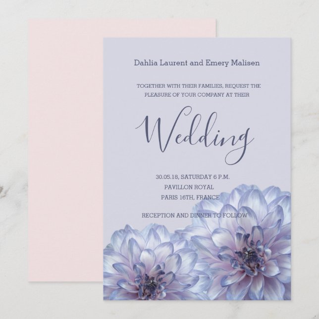 Dahlia-blommor, blått rosa-bröllopsinbjudan inbjudningar (Fram/baksida)