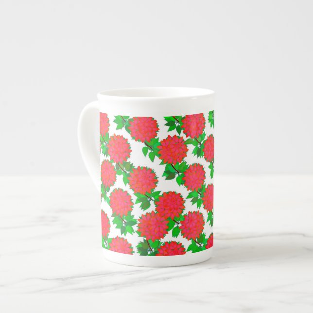 Dahlia-blommor i rött djup benporslin mugg (Framsida vänster)