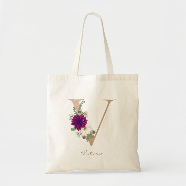 Dahlia blomsterbukett rose gold monogram bokstav V Tygkasse (Framsidan)
