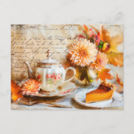 Dahlia Bloom with Pumpkin Cake Slice and Teapot Vykort