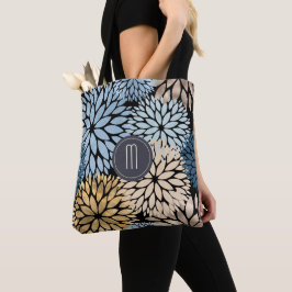 Dahlia Blue Guld Blommigt Monogram Tygkasse