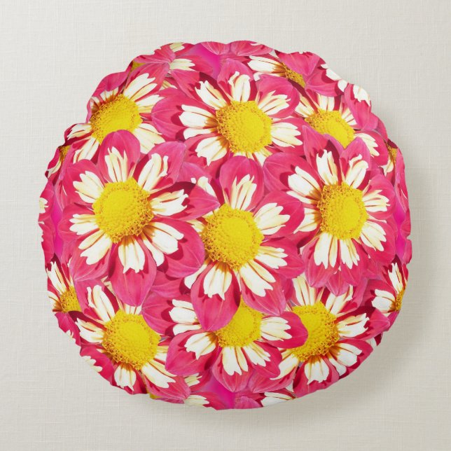 Dahlia bouquet - korall och vit med gult rund kudde (Framsidan)