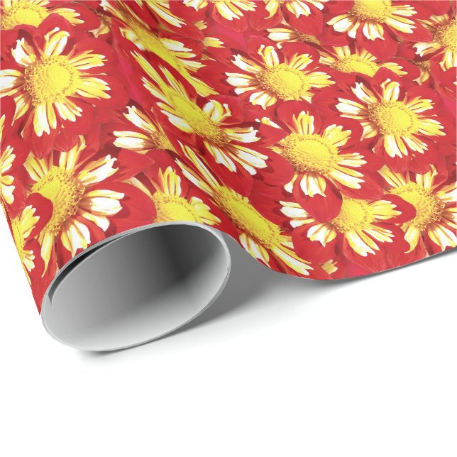 Dahlia bouquet - röd och vit med gult presentpapper (Rullad Hörn)