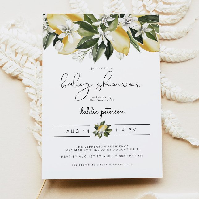DAHLIA Cute Watercolor Lemon Citrus Baby Shower Inbjudningar (Skapare uppladdad)