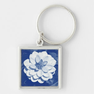 Dahlia - Digital Cyanotype Fyrkantig Silverfärgad Nyckelring