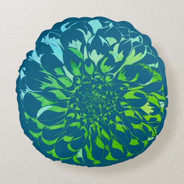 Dahlia flower teal pillow  rund kudde (Framsidan)