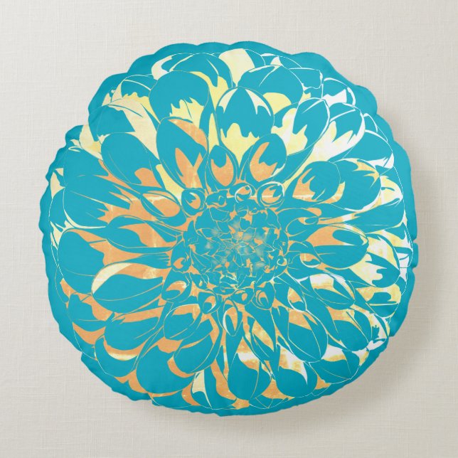 Dahlia flower two-sided turquoise pillow  rund kudde (Framsidan)