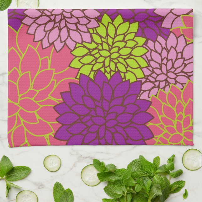 Dahlia Flowers, Colorful Flowers, Blommönster Kökshandduk (Vikta)
