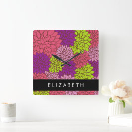 Dahlia Flowers, Colorful Flowers, ditt namn Fyrkantig Klocka