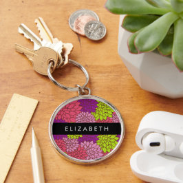 Dahlia Flowers, Colorful Flowers, ditt namn Rund Silverfärgad Nyckelring