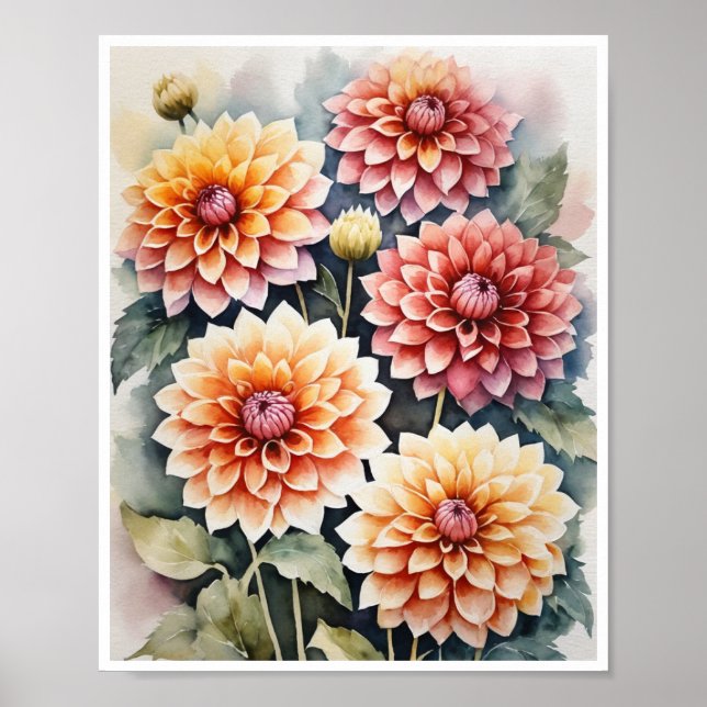 Dahlia Flowers handgjorda Vatten Färg Poster konst (Framsidan)