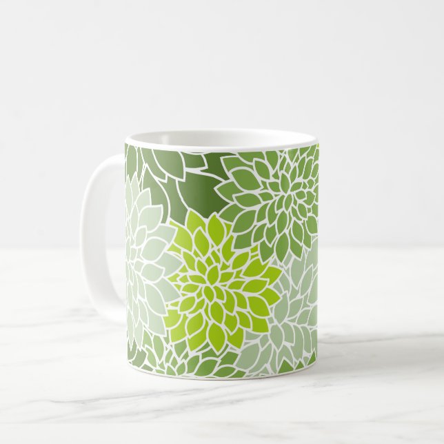 Dahlia Flowers, Mönster, Grönt Dahlia Flowers Kaffemugg (Framsida vänster)