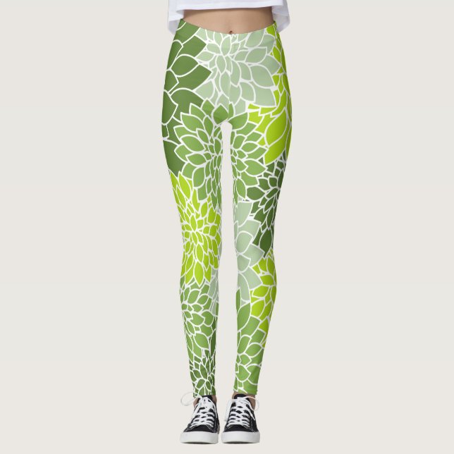 Dahlia Flowers, Mönster, Grönt Dahlia Flowers Leggings (Framsida)