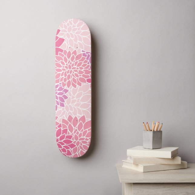 Dahlia Flowers, Mönster, Rosa Dahlia Flowers Mini Skateboard Bräda 18,5 Cm (Väggkonst)