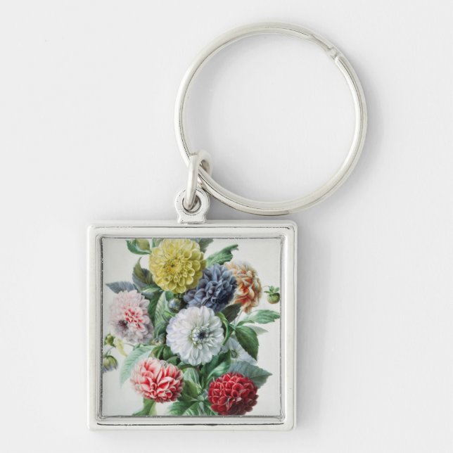 Dahlia Fyrkantig Silverfärgad Nyckelring (Framsidan)