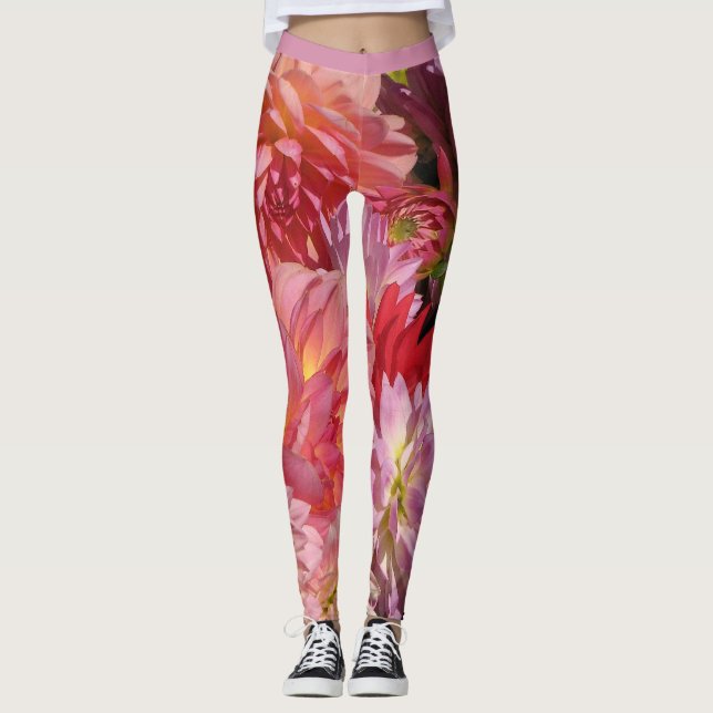 Dahlia Garden Flowers Abstrakt Mönster Leggings (Framsida)