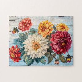 Dahlia Garden Mix on Blue Wood Pussel