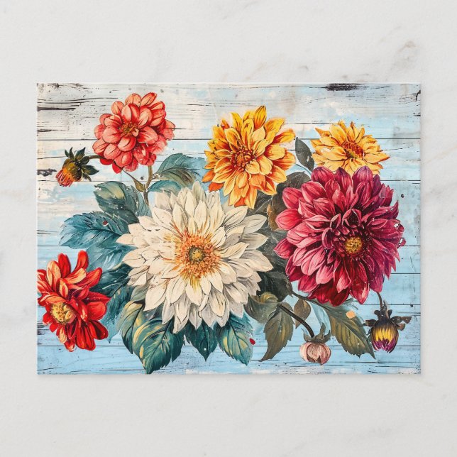 Dahlia Garden Mix on Blue Wood Vykort (Framsida)