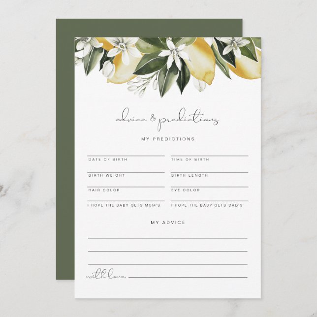 DAHLIA Lemon Baby Advice and Predicted Card Inbjudningar (Fram/baksida)