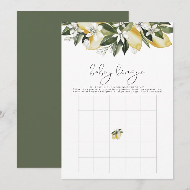 DAHLIA Lemon Citrus Fruit Baby Shower Bingo Game Inbjudningar (Fram/baksida)