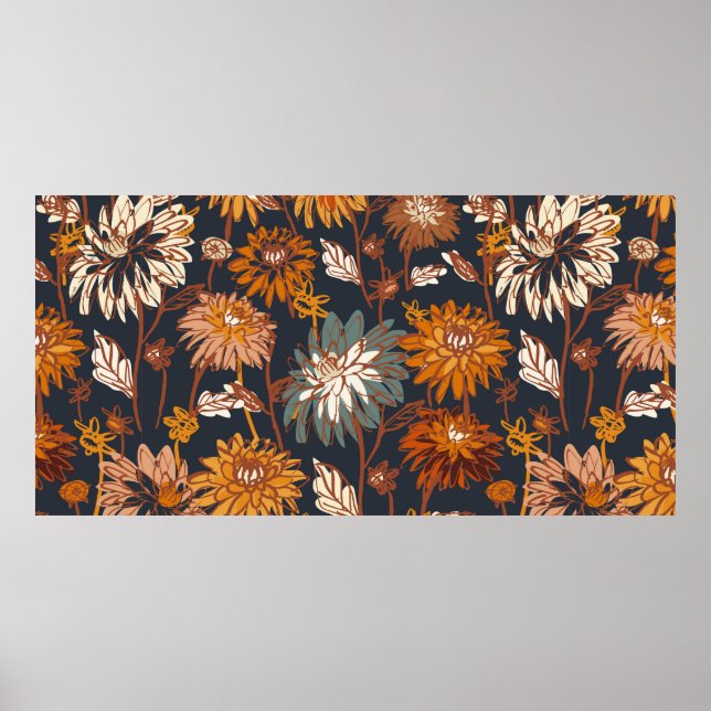 Dahlia och Chrysanthemums djärva, sömlösa mönster, Poster (Framsidan)