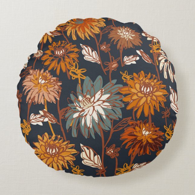 Dahlia och Chrysanthemums djärva, sömlösa mönster, Rund Kudde (Framsidan)