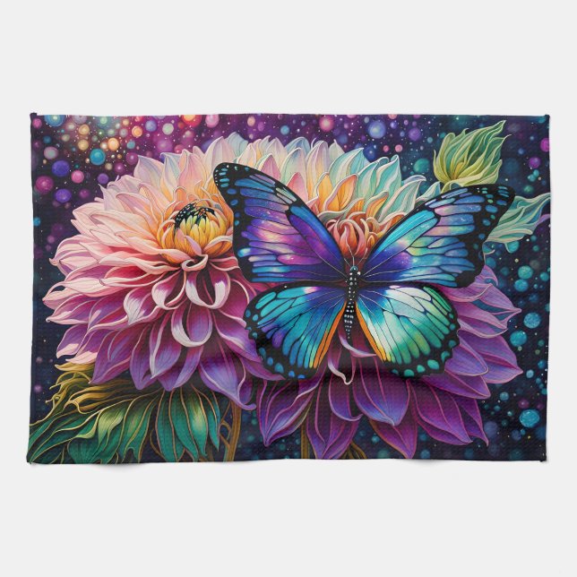 Dahlia och Iridescent Butterfly Kökshandduk (Horisontell)
