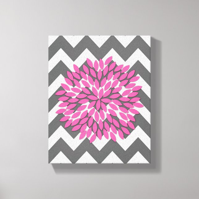Dahlia on Chevrons in Rosa and Grått Canvas (Framsida)