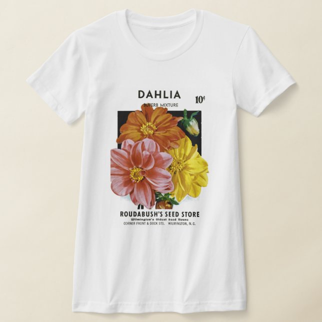 Dahlia Vintage Seed Packet T-shirt (Laydown)