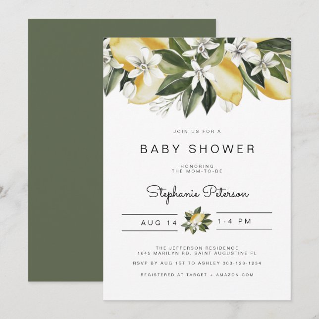 Dahlia - Watercolor Citrus Lemon White Blommigt Inbjudningar (Fram/baksida)