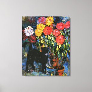 Dahlias and Black Cat, konsmålning av bra, Canvastryck