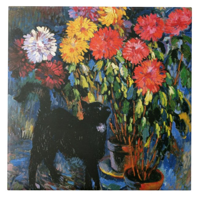 Dahlias and Black Cat, konsmålning av bra, Kakelplatta (Framsidan)