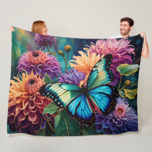Dahlias and Iridescent Blue Grönt Butterfly Fleecefilt