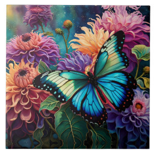 Dahlias and Iridescent Blue Grönt Butterfly Kakelplatta